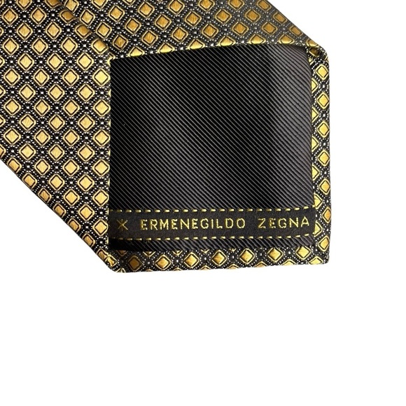 ERMENEGILDO ZEGNA Gold and Black Jacquard Printed Silk Tie Made In Italy - Picture 4 of 7